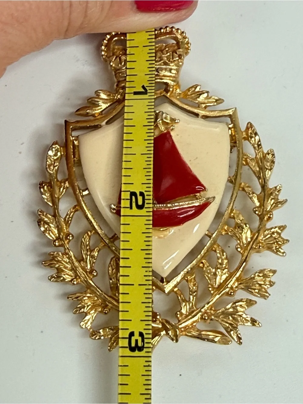 Vintage Crown Crest Sailboat Brooch Enamel Nautical Shield Pin yacht club